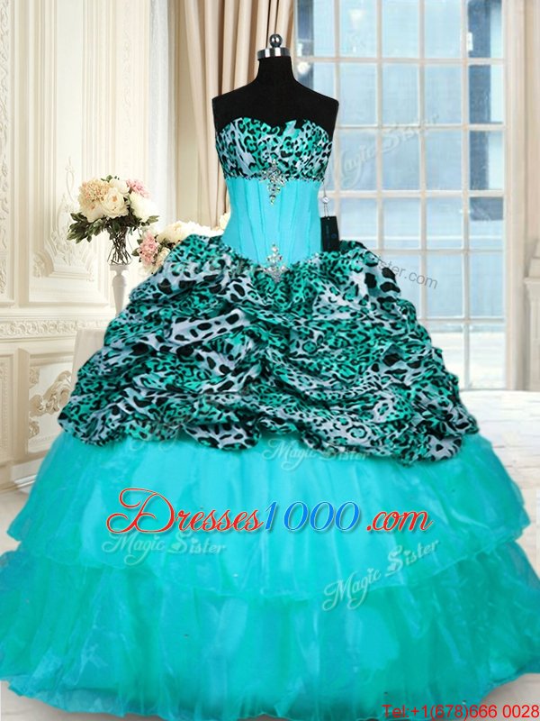 Aqua Blue Ball Gowns Beading and Ruffled Layers Quinceanera Gowns Lace Up Organza and Printed Sleeveless