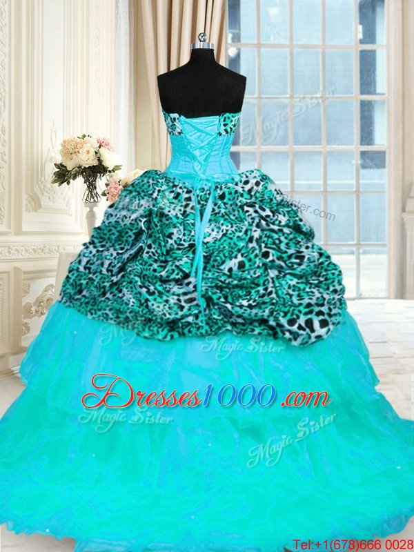 Aqua Blue Ball Gowns Beading and Ruffled Layers Quinceanera Gowns Lace Up Organza and Printed Sleeveless