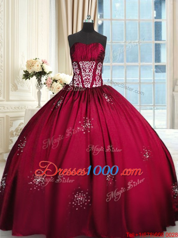 Wine Red Ball Gowns Beading and Appliques and Ruching Quinceanera Dresses Lace Up Taffeta Sleeveless Floor Length