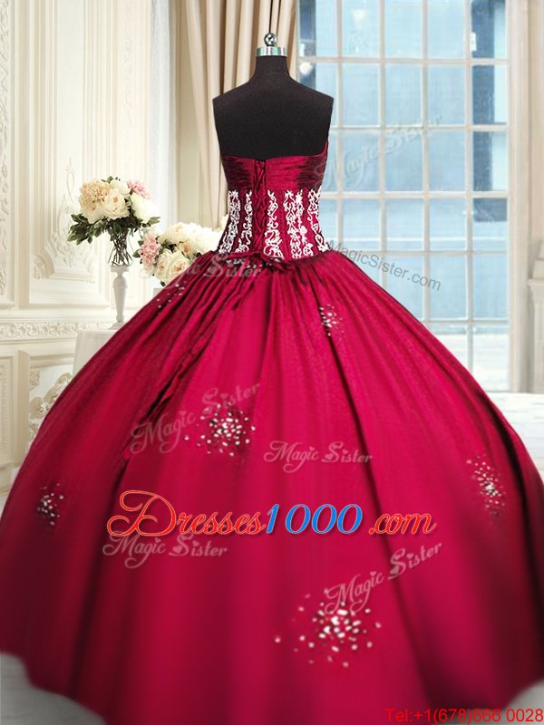 Wine Red Ball Gowns Beading and Appliques and Ruching Quinceanera Dresses Lace Up Taffeta Sleeveless Floor Length