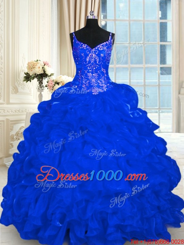 Top Selling Royal Blue Spaghetti Straps Neckline Beading and Embroidery and Ruffles and Pick Ups Sweet 16 Dresses Sleeveless Lace Up