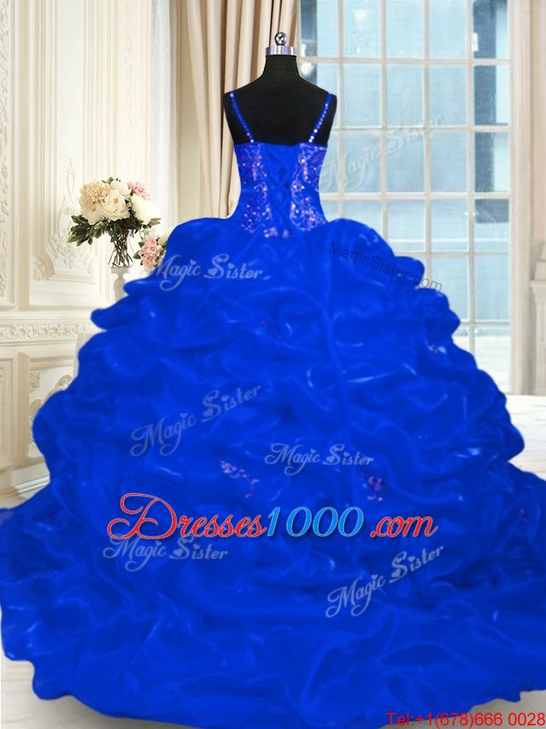 Top Selling Royal Blue Spaghetti Straps Neckline Beading and Embroidery and Ruffles and Pick Ups Sweet 16 Dresses Sleeveless Lace Up