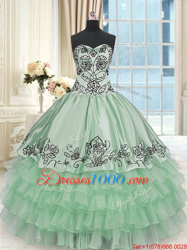 Free and Easy Organza and Taffeta Sweetheart Sleeveless Lace Up Beading and Embroidery and Ruffled Layers 15th Birthday Dress in Apple Green