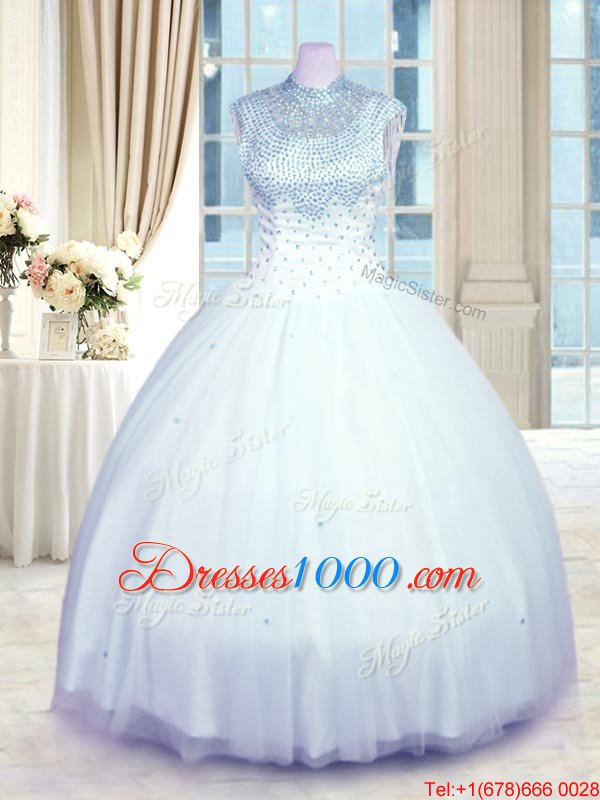 Baby Blue Ball Gowns Tulle High-neck Sleeveless Beading Floor Length Zipper 15 Quinceanera Dress