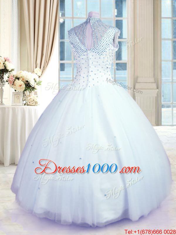 Baby Blue Ball Gowns Tulle High-neck Sleeveless Beading Floor Length Zipper 15 Quinceanera Dress