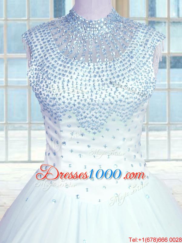 Baby Blue Ball Gowns Tulle High-neck Sleeveless Beading Floor Length Zipper 15 Quinceanera Dress
