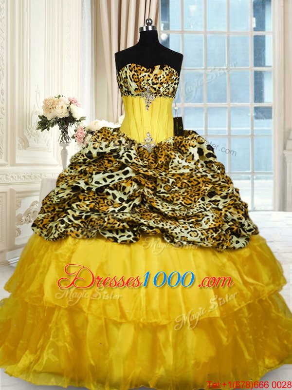 Sweetheart Sleeveless Organza and Printed Vestidos de Quinceanera Beading and Ruffled Layers Sweep Train Lace Up