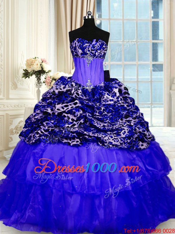 Wonderful Printed Royal Blue Lace Up Quinceanera Gowns Beading and Ruffled Layers and Sequins Sleeveless Sweep Train