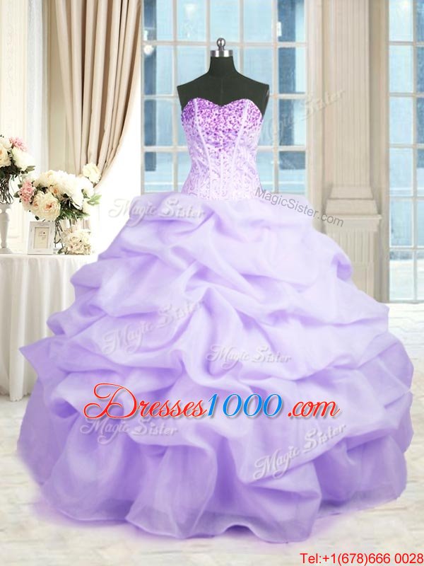 Fantastic Lavender Ball Gowns Sweetheart Sleeveless Organza Floor Length Lace Up Beading and Ruffles 15 Quinceanera Dress