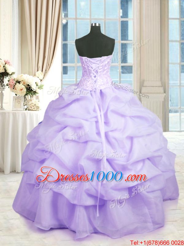 Fantastic Lavender Ball Gowns Sweetheart Sleeveless Organza Floor Length Lace Up Beading and Ruffles 15 Quinceanera Dress