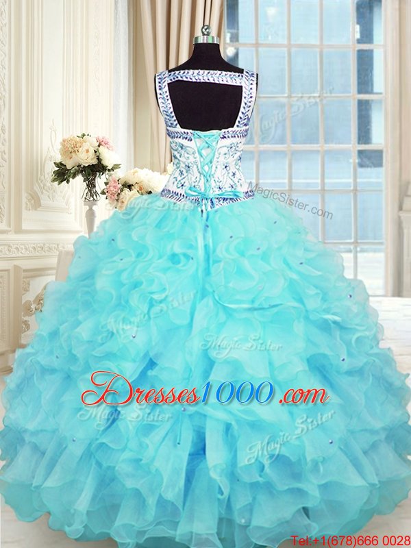 Flare Floor Length Ball Gowns Sleeveless Aqua Blue 15th Birthday Dress Lace Up