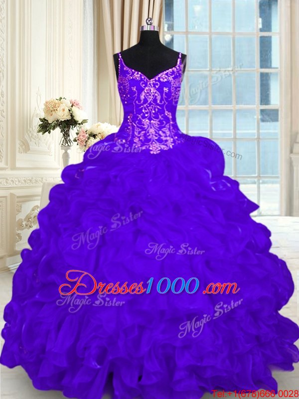Pick Ups Purple Sleeveless Organza Brush Train Lace Up Quinceanera Dress for Military Ball and Sweet 16 and Quinceanera