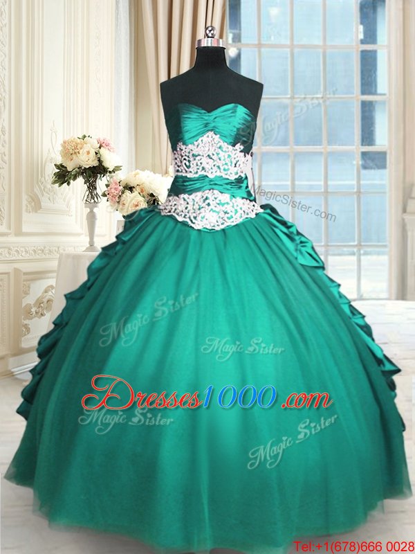New Style Turquoise Sleeveless Floor Length Beading and Lace and Appliques and Ruching Lace Up Sweet 16 Quinceanera Dress