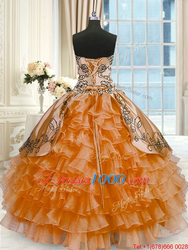 Rust Red Lace Up Quinceanera Gowns Beading and Embroidery and Ruffled Layers Sleeveless Floor Length