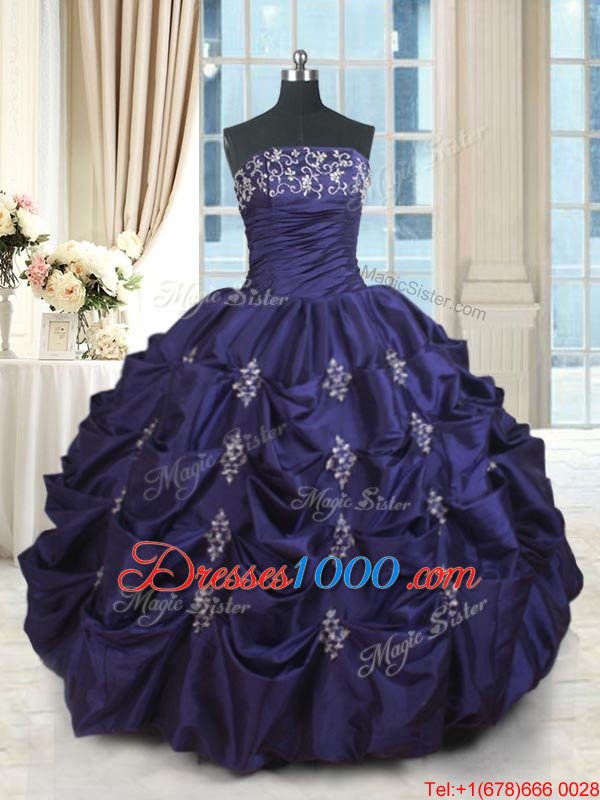 Dramatic Floor Length Lace Up Sweet 16 Quinceanera Dress Dark Purple and In for Military Ball and Sweet 16 and Quinceanera with Beading and Appliques and Embroidery and Pick Ups