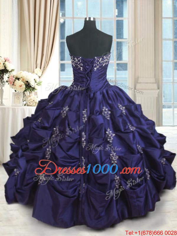 Dramatic Floor Length Lace Up Sweet 16 Quinceanera Dress Dark Purple and In for Military Ball and Sweet 16 and Quinceanera with Beading and Appliques and Embroidery and Pick Ups