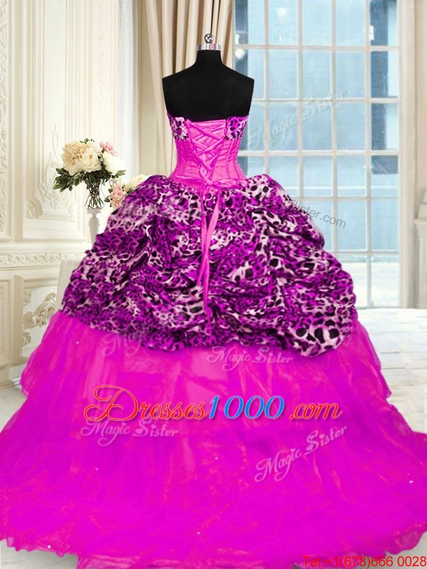 Organza and Printed Sleeveless 15th Birthday Dress Sweep Train and Beading and Ruffled Layers and Sequins