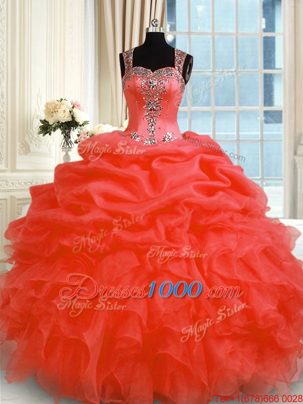 Floor Length Zipper Sweet 16 Dress Red and In for Military Ball and Sweet 16 and Quinceanera with Beading and Ruffles