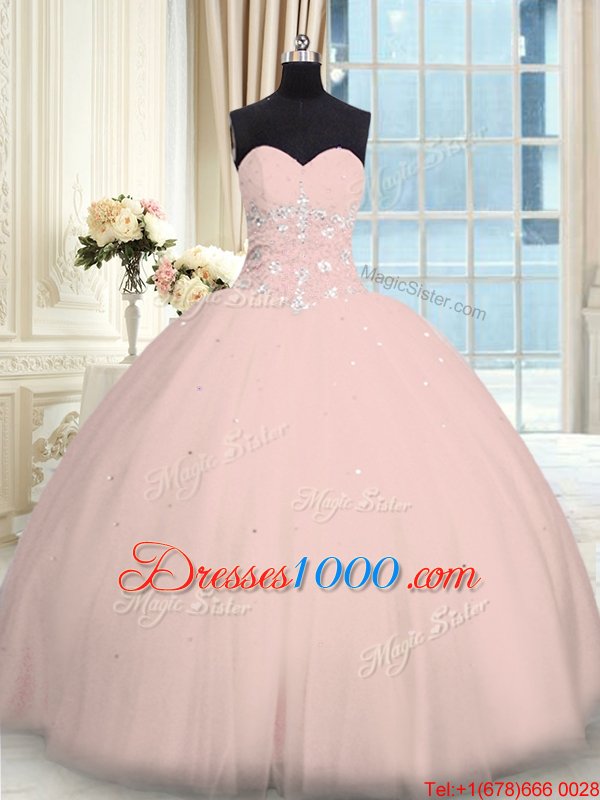 Pink Ball Gowns Beading Quinceanera Dress Lace Up Tulle Sleeveless Floor Length