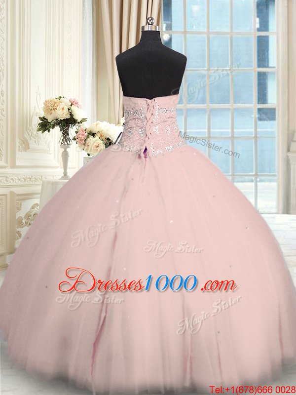 Pink Ball Gowns Beading Quinceanera Dress Lace Up Tulle Sleeveless Floor Length