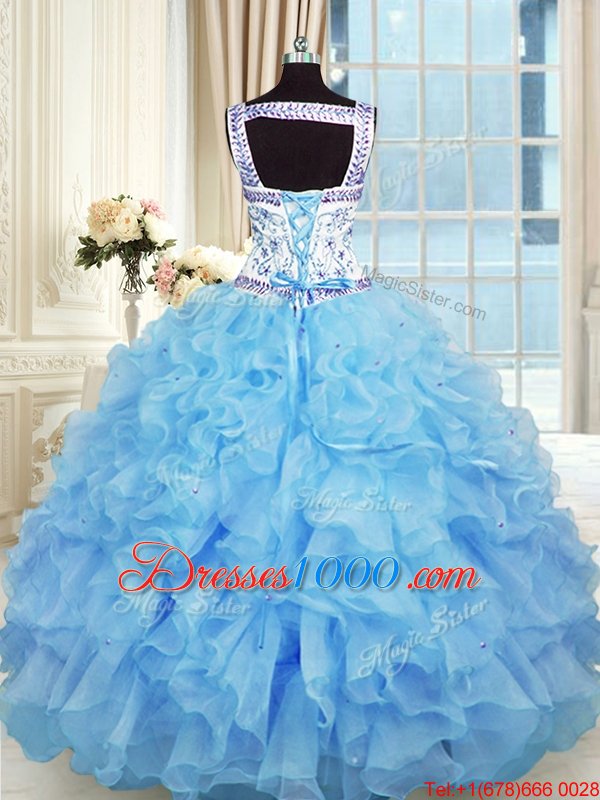 Sexy Baby Blue Ball Gowns Beading and Appliques and Ruffles Vestidos de Quinceanera Lace Up Organza Sleeveless Floor Length