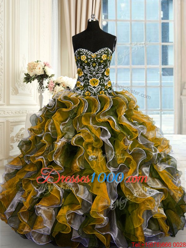 Attractive Multi-color Ball Gowns Organza Sweetheart Sleeveless Beading and Ruffles Floor Length Lace Up 15th Birthday Dress