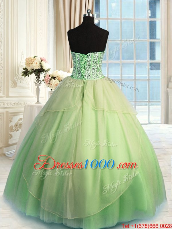 Clearance Yellow Green Sleeveless Floor Length Beading and Ruching Lace Up Sweet 16 Dress