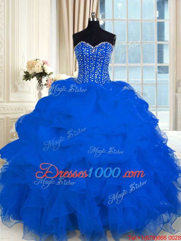 Sweetheart Sleeveless Organza Vestidos de Quinceanera Beading and Ruffles Lace Up