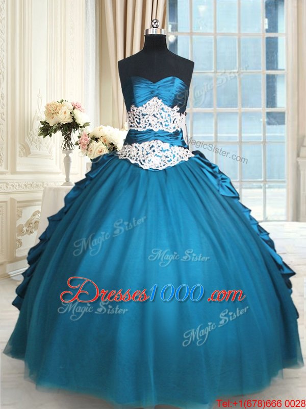 Free and Easy Teal Sweetheart Neckline Beading and Lace and Appliques and Ruching 15th Birthday Dress Sleeveless Lace Up