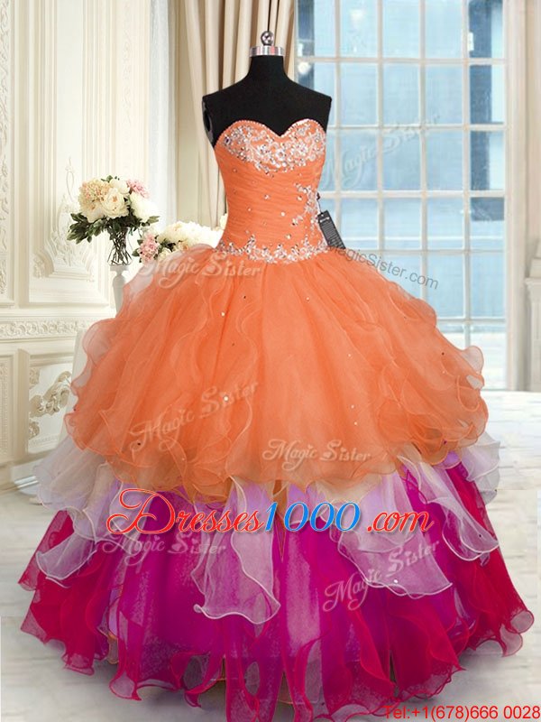 Noble Multi-color Ball Gowns Beading and Ruffled Layers Quinceanera Dresses Lace Up Organza Sleeveless Floor Length