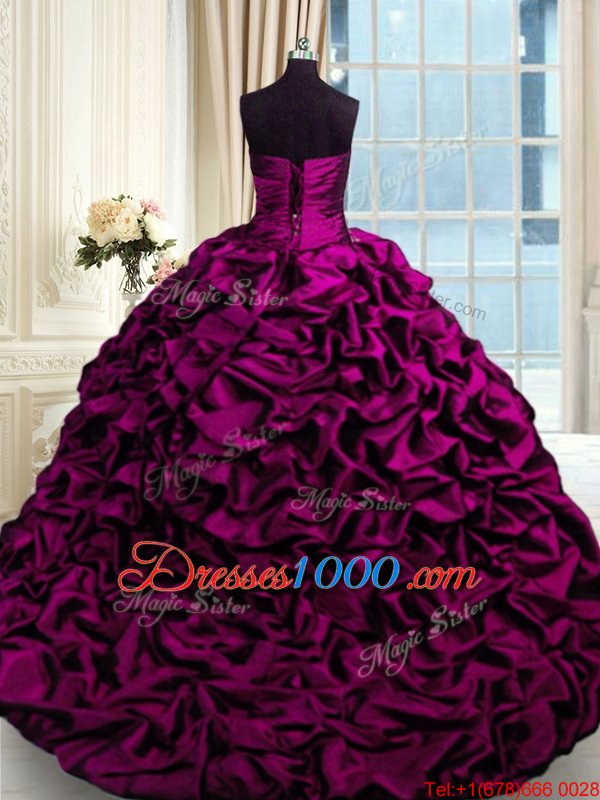 Modest Sweetheart Sleeveless Taffeta Ball Gown Prom Dress Beading and Appliques and Pick Ups Brush Train Lace Up