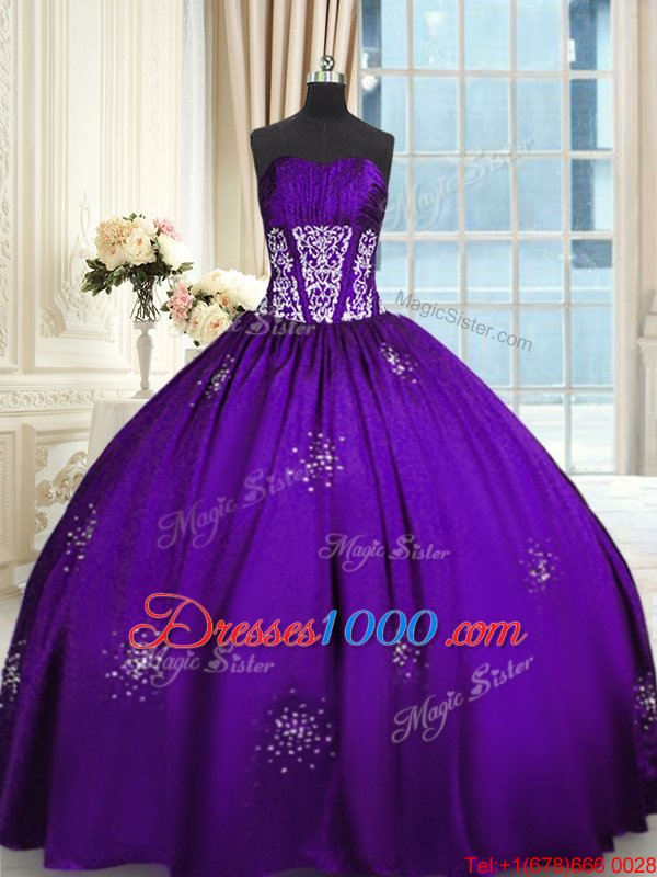 Purple Taffeta Lace Up Quinceanera Dress Sleeveless Floor Length Beading and Appliques and Ruching
