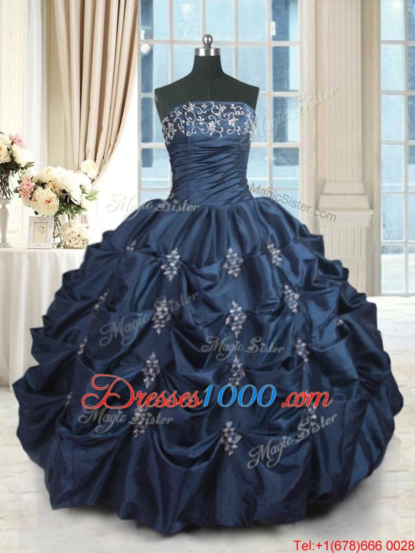 Exquisite Pick Ups Ball Gowns Vestidos de Quinceanera Navy Blue Strapless Taffeta Sleeveless Floor Length Lace Up
