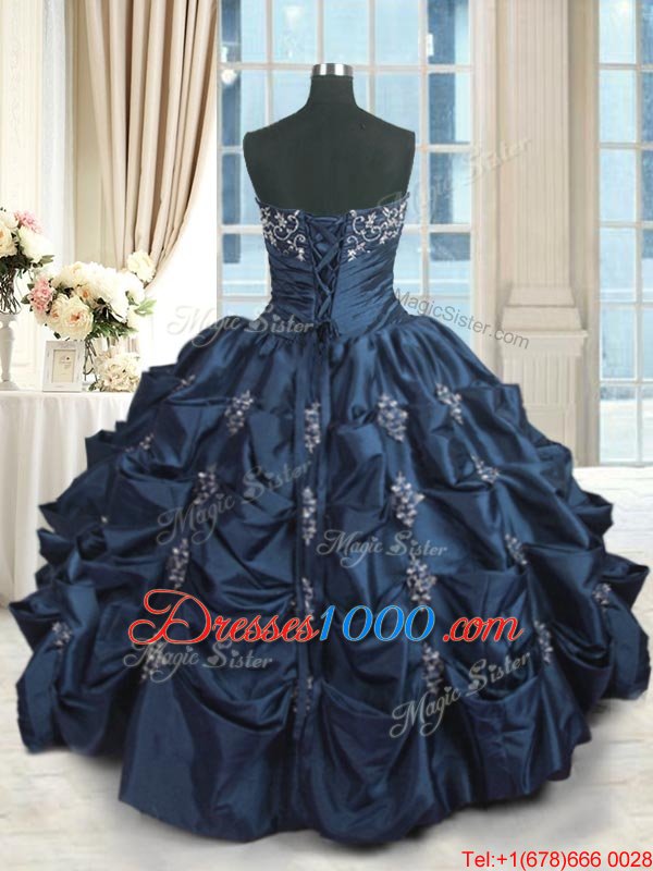 Exquisite Pick Ups Ball Gowns Vestidos de Quinceanera Navy Blue Strapless Taffeta Sleeveless Floor Length Lace Up