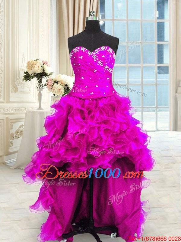 Four Piece Organza Sleeveless Floor Length Quinceanera Dresses and Beading and Ruffles and Ruching