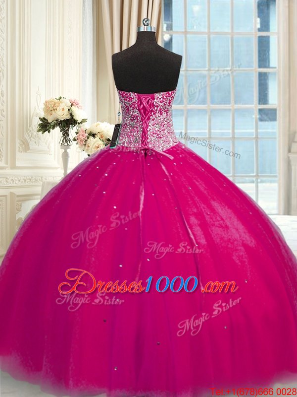 High Class Halter Top Fuchsia Ball Gowns Beading and Sequins Sweet 16 Dresses Lace Up Tulle Sleeveless Floor Length