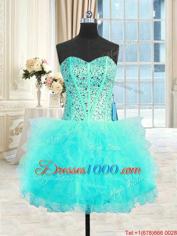 High Quality Three Piece Floor Length Ball Gowns Sleeveless Aqua Blue Quince Ball Gowns Lace Up