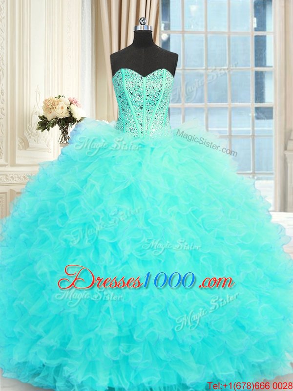 High Quality Three Piece Floor Length Ball Gowns Sleeveless Aqua Blue Quince Ball Gowns Lace Up