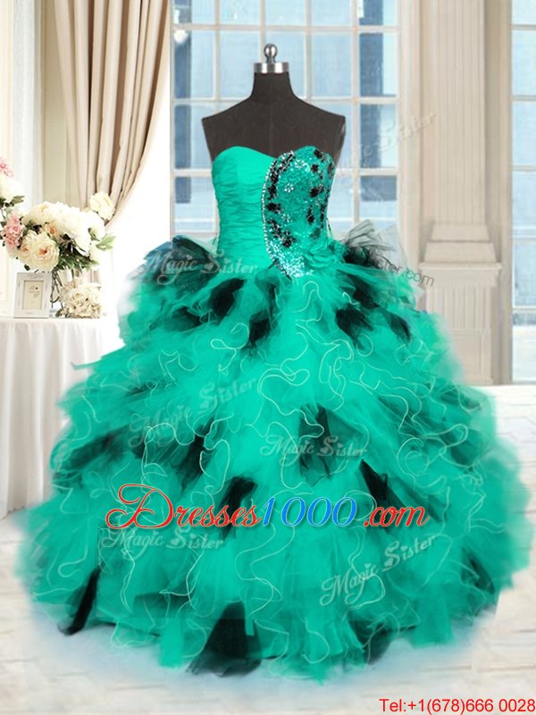 Superior Turquoise Sleeveless Beading and Ruffles Floor Length Ball Gown Prom Dress