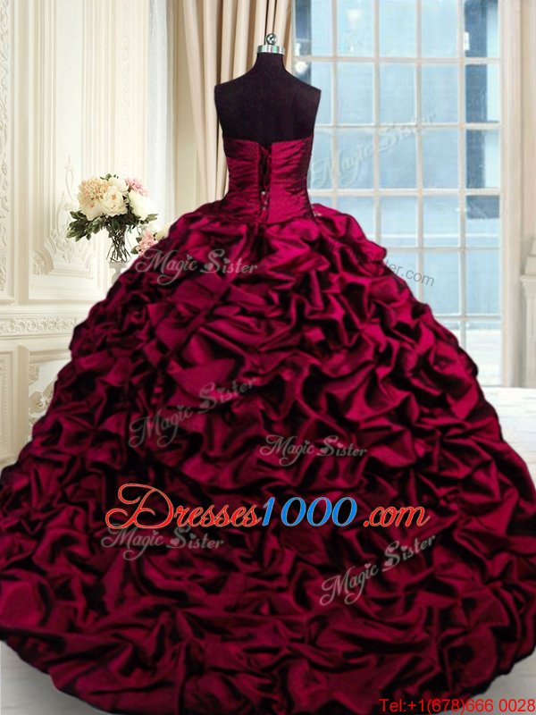 Unique Sweetheart Sleeveless Sweet 16 Dresses With Brush Train Beading and Appliques and Pick Ups Wine Red Taffeta