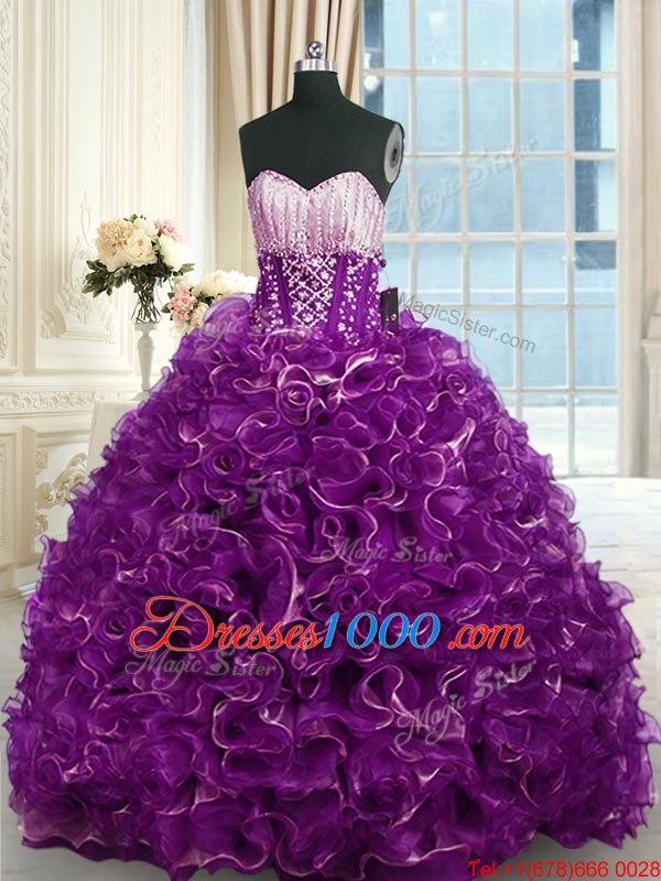 Fabulous Beading and Ruffles Sweet 16 Dresses Purple Lace Up Sleeveless With Brush Train