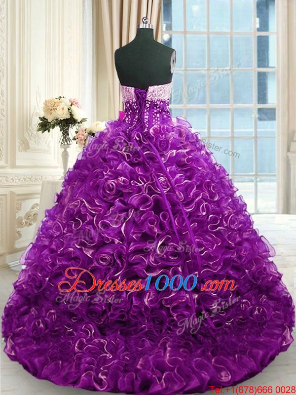 Fabulous Beading and Ruffles Sweet 16 Dresses Purple Lace Up Sleeveless With Brush Train