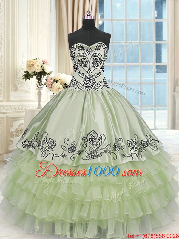 Yellow Green Vestidos de Quinceanera Military Ball and Sweet 16 and Quinceanera and For with Beading and Embroidery and Ruffled Layers Sweetheart Sleeveless Lace Up