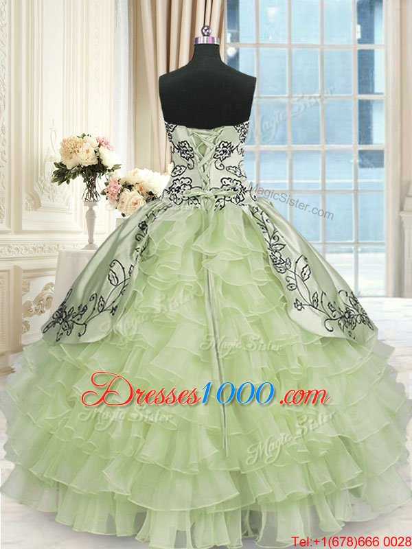 Yellow Green Vestidos de Quinceanera Military Ball and Sweet 16 and Quinceanera and For with Beading and Embroidery and Ruffled Layers Sweetheart Sleeveless Lace Up
