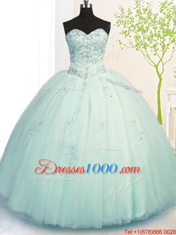 Traditional Sleeveless Tulle Floor Length Lace Up Sweet 16 Quinceanera Dress in Apple Green for with Beading and Appliques