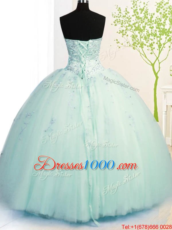 Traditional Sleeveless Tulle Floor Length Lace Up Sweet 16 Quinceanera Dress in Apple Green for with Beading and Appliques