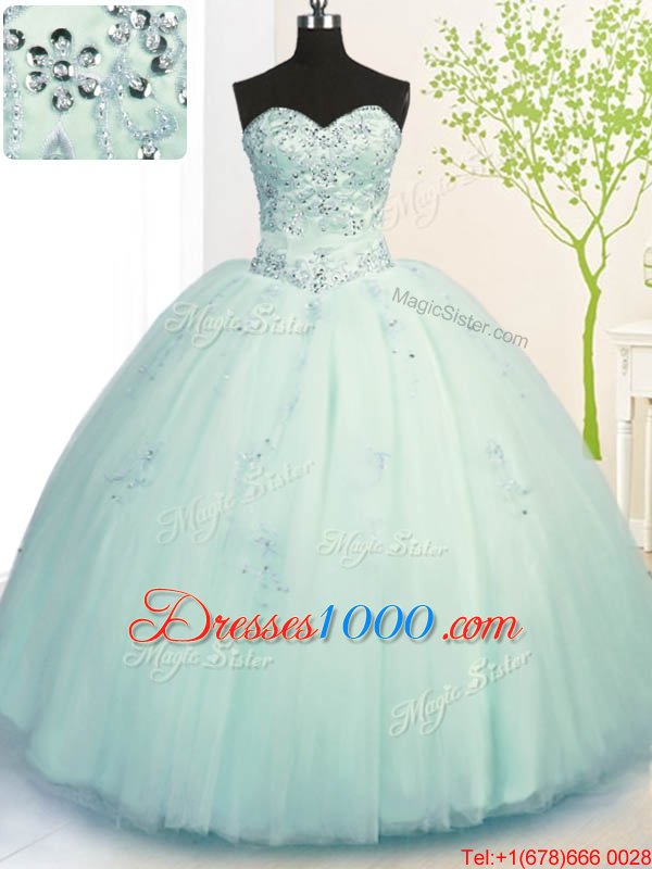 Traditional Sleeveless Tulle Floor Length Lace Up Sweet 16 Quinceanera Dress in Apple Green for with Beading and Appliques