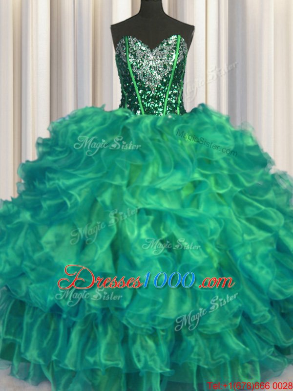 Turquoise Sweetheart Lace Up Beading and Ruffles Ball Gown Prom Dress Sleeveless