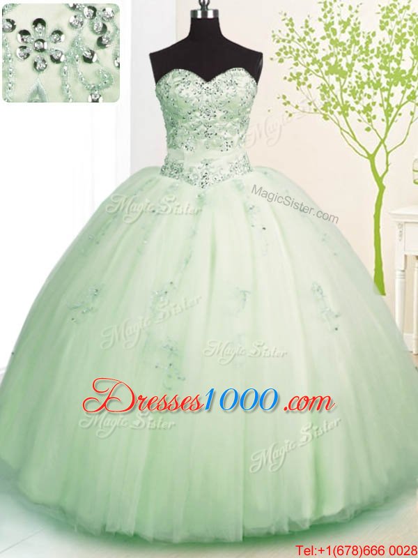 Apple Green Sleeveless Tulle Lace Up 15 Quinceanera Dress for Military Ball and Sweet 16 and Quinceanera