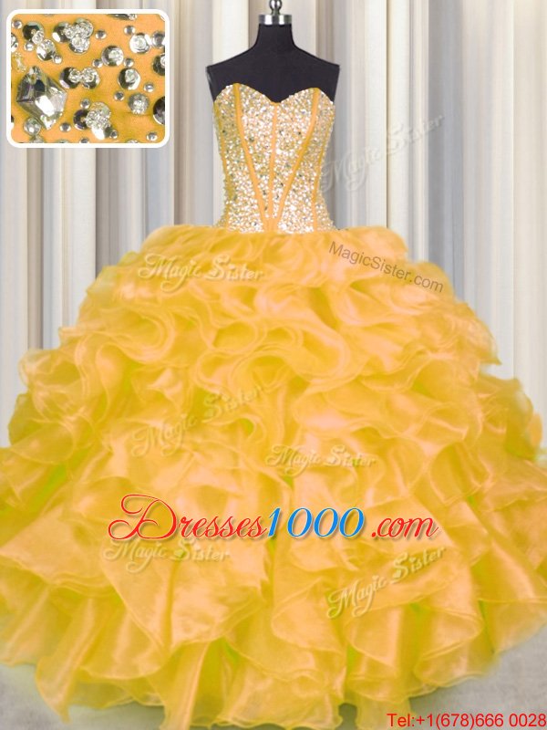Gold Organza Lace Up Sweetheart Sleeveless Floor Length Quinceanera Gown Beading and Ruffles